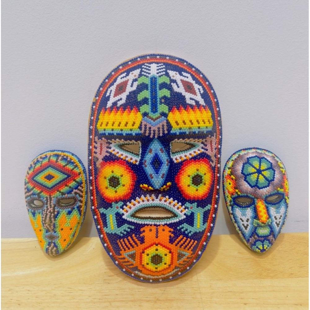 Set of 3 Mexican Huichol Beaded Masks Folk Art Hand Beaded Wood Colorful 8" & 4"
